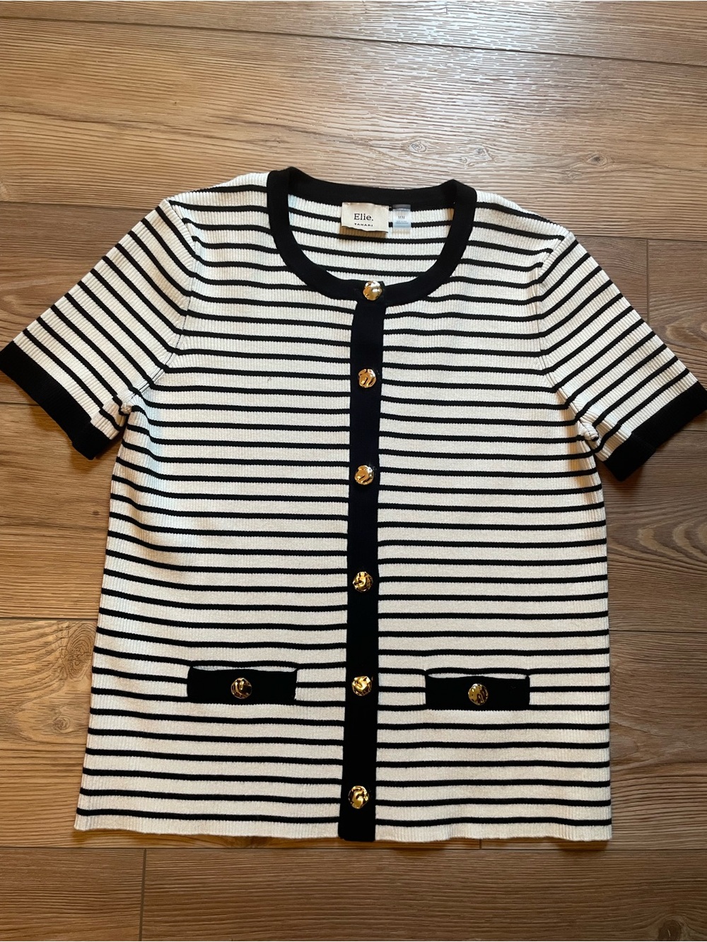 Elie. Tahari Black & White Striped Knit Button-Front Sweater Top